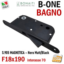 Load image into Gallery viewer, SERRATURA PORTA INTERNA MAGNETICA B-ONE BONAITI S905 BAGNO WC FRONTALE 18X190MM E50 INT70 NERO MATT BLACK NERA DOOR LOCK METAL interasse 7cm doppio quadro 6x6 8x8 48905050KE
