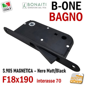 SERRATURA PORTA INTERNA MAGNETICA B-ONE BONAITI S905 BAGNO WC FRONTALE 18X190MM E50 INT70 NERO MATT BLACK NERA DOOR LOCK METAL interasse 7cm doppio quadro 6x6 8x8 48905050KE