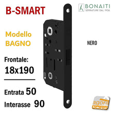 Load image into Gallery viewer, SERRATURA PORTA MAGNETICA B- SMART BONAITI D61 BAGNO FRONTALE 18X190MM E50 I90 F 190x18 wc toilet entrata 5cm interasse 9cm quadro in basso 6x6mm nera black matt 48D61050KE
