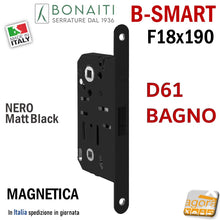 Load image into Gallery viewer, SERRATURA PORTA MAGNETICA B- SMART BONAITI D61 BAGNO FRONTALE 18X190MM E50 I90 F 190x18 wc toilet entrata 5cm interasse 9cm quadro in basso 6x6mm nera black matt
