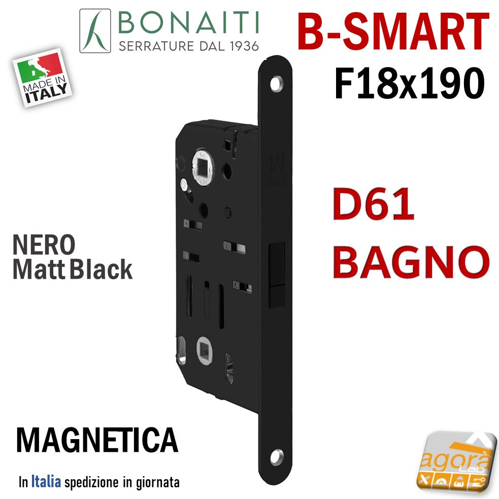 SERRATURA PORTA MAGNETICA B- SMART BONAITI D61 BAGNO FRONTALE 18X190MM E50 I90 F 190x18 wc toilet entrata 5cm interasse 9cm quadro in basso 6x6mm nera black matt