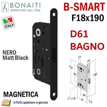 Carica l&#39;immagine nel visualizzatore di Gallery, SERRATURA PORTA MAGNETICA B- SMART BONAITI D61 BAGNO FRONTALE 18X190MM E50 I90 F 190x18 wc toilet entrata 5cm interasse 9cm quadro in basso 6x6mm nera black matt 48D61050KE
