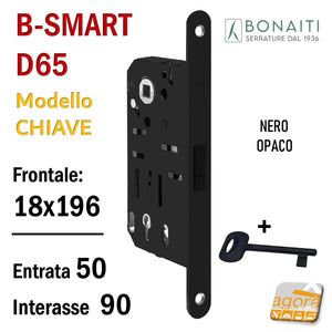 SERRATURA PORTA MAGNETICA  BONAITI B-SMART D65 PATENT CHIAVE FRONTALE 196X18 TONDO F18X196mm 48D65150KE NERA MATT BLACK NERO OPACO