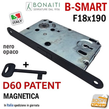 Carica l&#39;immagine nel visualizzatore di Gallery, SERRATURA PORTA MAGNETICA B-SMART BONAITI D60 CHIAVE PATENT FRONTALE 18X190MM E50 I90 frontalino 190x18 NERO OPACO MATT BLACK
