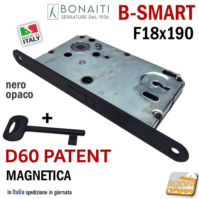 SERRATURA PORTA MAGNETICA B-SMART BONAITI D60 CHIAVE PATENT FRONTALE 18X190MM E50 I90 frontalino 190x18 NERO OPACO MATT BLACK