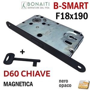 SERRATURA PORTA MAGNETICA SMART BONAITI D 60 CHIAVE PATENT FRONTALE 18X190MM E50 I90 frontalino 190x18 NERO OPACO MATT BLACK