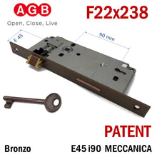 Load image into Gallery viewer, Art.115050A -  SERRATURA PER PORTA AGB PATENT FRONTALE RETTANGOLARE F22X238 BRONZO MODELLO 592 Entrata 45 mm Interasse 90mm e4,5cm i9cm
