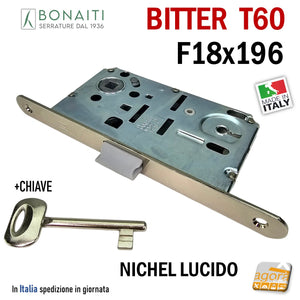 SERRATURA PORTA PATENT FRONTALE 18x196mm BONAITI B-BITTER T60 ARGENTO CROMO nichel lucido nikel entrata E 50 mm  Interasse I 90 mm  48T60150)3 IDOOR