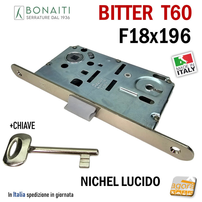 SERRATURA PORTA PATENT FRONTALE 18x196mm BONAITI B-BITTER T60 ARGENTO CROMO nichel lucido nikel entrata E 50 mm  Interasse I 90 mm  48T60150)3 IDOOR