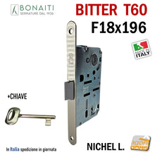 Carica l&#39;immagine nel visualizzatore di Gallery, SERRATURA PORTA PATENT FRONTALE 18x196mm BONAITI B-BITTER T60 CROMO nichel lucido nikel entrata E 50 mm  Interasse I 90 mm  48T60150)3 IDOOR meccanica 19,6cm entrata 5cm
