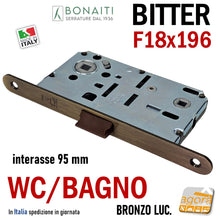 Carica l&#39;immagine nel visualizzatore di Gallery, SERRATURA PORTA FRONTALE 18x196 E50 I95 BONAITI BITTER T62 BRONZO WC BAGNO MONETA BRONZATA entrata 5cm interasse 9,5cm f 196mm bronzo anticato lucido satinato
