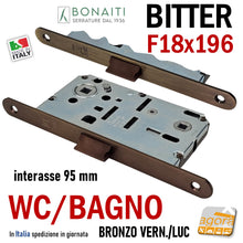 Carica l&#39;immagine nel visualizzatore di Gallery, SERRATURA PORTA FRONTALE 18x196 E50 I95 BONAITI BITTER T62 BRONZO WC BAGNO MONETA BRONZATA entrata 5cm interasse 9,5cm f 196mm bronzo anticato lucido satinato bronzata verniciata
