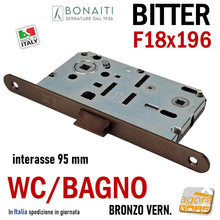 Carica l&#39;immagine nel visualizzatore di Gallery, SERRATURA PORTA FRONTALE 18x196 E50 I95 BONAITI BITTER T62 BRONZO WC BAGNO MONETA BRONZATA entrata 5cm interasse 9,5cm f 196mm bronzata verniciata
