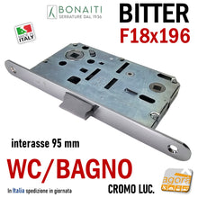 Carica l&#39;immagine nel visualizzatore di Gallery, SERRATURA PORTA FRONTALE 18x196 E50 I95 BONAITI BITTER T62 CROMO LUCIDO WC BAGNO MONETA cromata lucida entrata 5cm interasse 9,5cm f 196mm
