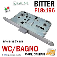 Carica l&#39;immagine nel visualizzatore di Gallery, SERRATURA PORTA FRONTALE 18x196 E50 I95 BONAITI BITTER T62 CROMO SAT WC BAGNO MONETA cromata satinata entrata 5cm interasse 9,5cm f 196mm
