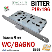 Carica l&#39;immagine nel visualizzatore di Gallery, SERRATURA PORTA FRONTALE 18x196 E50 I95 BONAITI BITTER T62 CROMO SAT WC BAGNO MONETA cromata satinata entrata 5cm interasse 9,5cm f 196mm grigio verniciato
