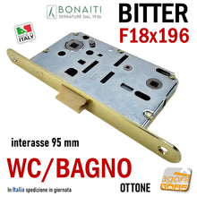 Carica l&#39;immagine nel visualizzatore di Gallery, SERRATURA PORTA FRONTALE 18x196 E50 I95 BONAITI BITTER T62 Ottone lucido WC BAGNO MONETA entrata 5cm interasse 9,5cm f 196mm ottonata 19,6 cm
