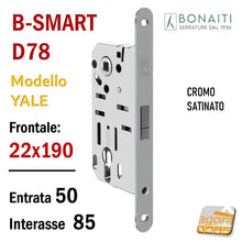 Carica l&#39;immagine nel visualizzatore di Gallery, SERRATURA PER PORTA B-SMART BONAITI CILINDRO YALE F22X190 Modello D78 CROMO SATINATO  E50 INT.85 satinata frontale cm 19 x 2,2 48D780508E magnetica
