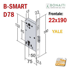 Carica l&#39;immagine nel visualizzatore di Gallery, SERRATURA PER PORTA B-SMART BONAITI CILINDRO YALE F22X190 Modello D78 CROMO SATINATO E50 INT.85 satinata frontale cm 19 x 2,2 48D7805083 magnetica
