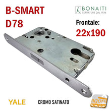 Carica l&#39;immagine nel visualizzatore di Gallery, SERRATURA PER PORTA B-SMART BONAITI CILINDRO YALE F22X190 Modello D78 CROMO SATINATO ARGENTO Entrata 50 INTerasse 85
