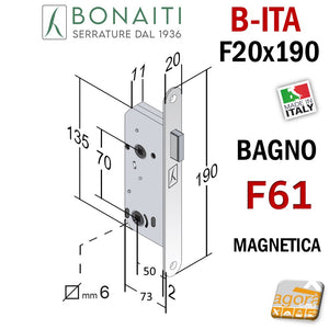 SERRATURA PORTA INTERNA MAGNETICA B-ITA BONAITI F61 FRONTALE 20X190MM E50 I70 BAGNO CROMO OPACO F 190x20