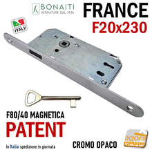 Load image into Gallery viewer, SERRATURA PER PORTA BONAITI PATENT F20X230 Modello FRANCE E40 CROMO OPACO (ARGENTO) Entrata 40mm Interasse 70mm Quadro maniglia 7x7mm
