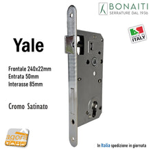 Carica l&#39;immagine nel visualizzatore di Gallery, SERRATURA PORTA FRONTALE 22x240mm YALE BONAITI C22T-50 CROMO SATINATO E50 I85 48C2205087 entrata 5cm interasse 8,5cm FRONTALE BORDO TONDO 240X22 CATENACCIO cr s cromata satinata cromo sat
