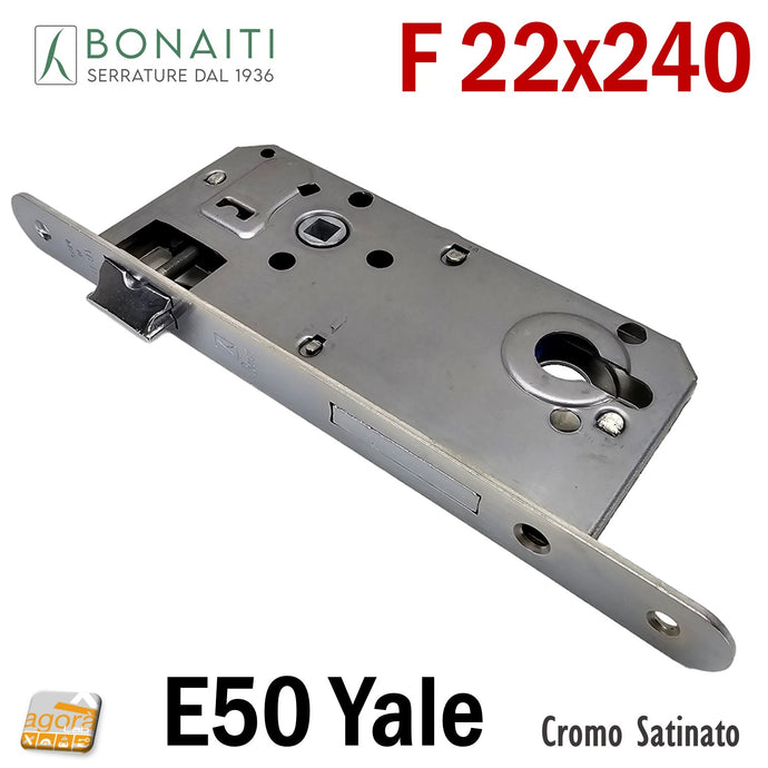 SERRATURA PORTA FRONTALE 22x240mm bordo tondo cilindro YALE BONAITI C22T-50 C22T CROMO SATINATO E50 I85 entrata 5cm interasse 8,5cm satinata meccanica con catenaccio