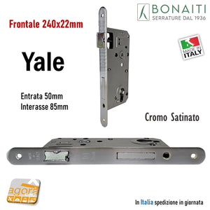 48C2205087 SERRATURA PORTA FRONTALE 22x240mm bordo tondo cilindro YALE BONAITI C22T-50 C22T CROMO SATINATO E50 I85 entrata 5cm interasse 8,5cm satinata meccanica con catenaccio