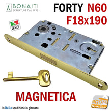 Load image into Gallery viewer, SERRATURA PORTA INTERNA MAGNETICA B-FORTY BONAITI N60 FRONTALE 18X190MM E50 I90 OTTONE LUCIDO OTTONATA 48N651501E ENTRATA 5 CM SCROCCO CENTRALE IN NYLON CHIAVE PATENT
