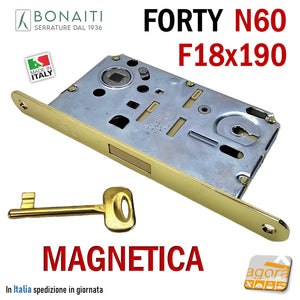 SERRATURA PORTA INTERNA MAGNETICA B-FORTY BONAITI N60 FRONTALE 18X190MM E50 I90 OTTONE LUCIDO OTTONATA 48N651501E ENTRATA 5 CM SCROCCO CENTRALE IN NYLON CHIAVE PATENT