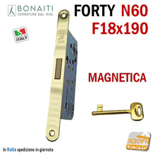 Carica l&#39;immagine nel visualizzatore di Gallery, SERRATURA PORTA INTERNA MAGNETICA B-FORTY BONAITI N60 FRONTALE 18X190MM E50 I90 OTTONE LUCIDO OTTONATA 48N651501E ENTRATA 5 CM SCROCCO CENTRALE IN NYLON CHIAVE PATENT FRONTALE 19CM
