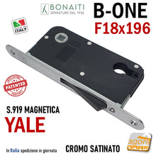 Carica l&#39;immagine nel visualizzatore di Gallery, SERRATURA PER PORTA BONAITI YALE F18X196 Modello B - ONE S 919 CROMO SATINATO Entrata 50mm INTERASSE 85 YALE per cilindro frontale 196mm 489190508E
