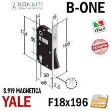 Carica l&#39;immagine nel visualizzatore di Gallery, SERRATURA PER PORTA BONAITI YALE F18X196 Modello B - ONE S 919 CROMO SATINATO Entrata 50mm INTERASSE 85 YALE per cilindro frontale 196mm pronta consegna
