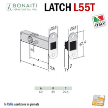 Load image into Gallery viewer, SERRATURA PORTA BONAITI LATCH L55T 12 PRIVACY ANTIPANICO BORDO TONDO FRONTALE 26x57 E60 CROMO SAT FRONTALINO 25.5X57.4 MAGNETICA
