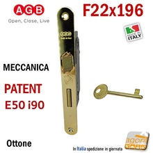 Carica l&#39;immagine nel visualizzatore di Gallery, SERRATURA PORTA PATENT FRONTALE 22x196mm AGB CENTRO E50 INT90 OTTONE LUC F196x22 chiave normale con chiavistello
