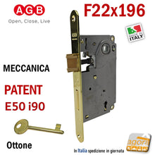 Carica l&#39;immagine nel visualizzatore di Gallery, SERRATURA PORTA PATENT FRONTALE 22x196mm AGB CENTRO E50 INT90 OTTONE LUC F196x22 chiave normale con chiavistello
