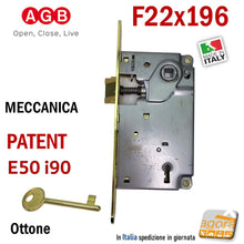 Carica l&#39;immagine nel visualizzatore di Gallery, SERRATURA PORTA PATENT FRONTALE 22x196mm AGB CENTRO E50 INT90 OTTONE LUC F196x22 chiave normale con chiavistello entrata 5cm interasse 9cm
