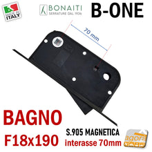 Load image into Gallery viewer, 48905050KE serratura magnetica per porta interna bagno wc toilet libero occupato bar ristoranti doppio quadro 8x8 6x6 interasse 7cm entrata 50mm frontale 190x18mm ONE B-ONE Bonaiti S 905 originale in pronta consegna
