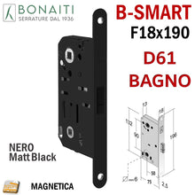 Load image into Gallery viewer, SERRATURA PORTA MAGNETICA B- SMART BONAITI D61 BAGNO FRONTALE 18X190MM E50 I90 F 190x18 wc toilet entrata 5cm interasse 9cm quadro in basso 6x6mm nera black matt 48D61050KE
