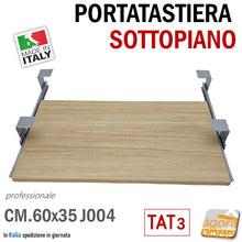 Load image into Gallery viewer, porta tastiera supporto per tastiere pc notebook sottopiano sotto scrivania rovere legno venato chiaro marrone professionale portatastiera piccola
