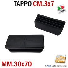 Load image into Gallery viewer, TAPPO RETTANGOLARE mm 30x70 NERO PUNTALE PLASTICA cm 7x3 SOTTOPIEDE ALETTATO TAPPI NERI
