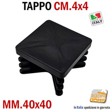 Carica l&#39;immagine nel visualizzatore di Gallery, TAPPI TAPPO QUADRATO 40x40mm NERO PLASTICA NUOVO cm 4x4 piatto copritesta CONFEZIONE INDUSTRIALE PUNTALE SOTTOPIEDE ALETTATO QUADRO PER TELAI TUBOLARI METALLO RECINZIONI CM 4X4
