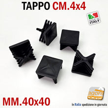 Load image into Gallery viewer, TAPPI TAPPO QUADRATO 40x40mm NERO PLASTICA NUOVO cm 4x4 piatto copritesta CONFEZIONE INDUSTRIALE PUNTALE SOTTOPIEDE ALETTATO QUADRO PER TELAI TUBOLARI METALLO RECINZIONI CM 4X4 INDUSTRIA CARPENTERIA
