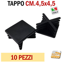 Load image into Gallery viewer, TAPPI ALETTATI QUADRATI MM 45X45 TAPPI SOTTOPIEDE NERI CM 4,5X4,5 INSERTO CON ALETTE COPRITESTA CAPPUCCIO PER TUBO QUADRO 45X45
