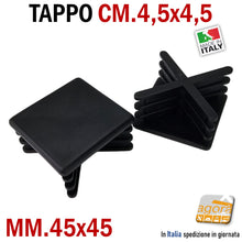 Load image into Gallery viewer, TAPPO ALETTATO QUADRATO MM 45X45 TAPPI SOTTOPIEDE NERI CM 4,5X4,5 INSERTO CON ALETTE COPRITESTA CAPPUCCIO PER TUBO QUADRO 45X45 PRONTA CONSEGNA
