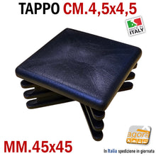 Load image into Gallery viewer, TAPPO ALETTATO QUADRATO MM 45X45 TAPPI SOTTOPIEDE NERI CM 4,5X4,5 INSERTO CON ALETTE COPRITESTA CAPPUCCIO PER TUBO QUADRO 45X45 BELLI BEN RIFINITI
