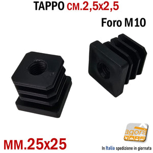 TAPPO QUADRATO 25x25mm FORO FILETTATO M10 NERO cm 2,5x2,5 TAPPI SOTTOPIEDE forato filetto metrico MA 10