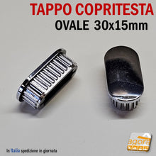 Load image into Gallery viewer, tappo ovale cromato copritesta in abs plastica per tubi ovali 30x15mm da inserire nel tubo ovale 1,5 x 3 cm bello ben rifinito cappuccio Tappi Ovali per tubi negozio arredo negozi
