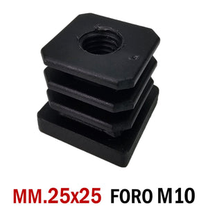 TAPPO QUADRATO 25x25mm FORO FILETTATO M10 NERO cm 2,5x2,5 TAPPI SOTTOPIEDE forato filetto metrico MA 10 tappo con foro per rotelle ruote